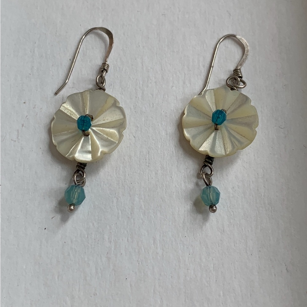 Handmade Cream and Turquoise Floral Drop Button Earrings
